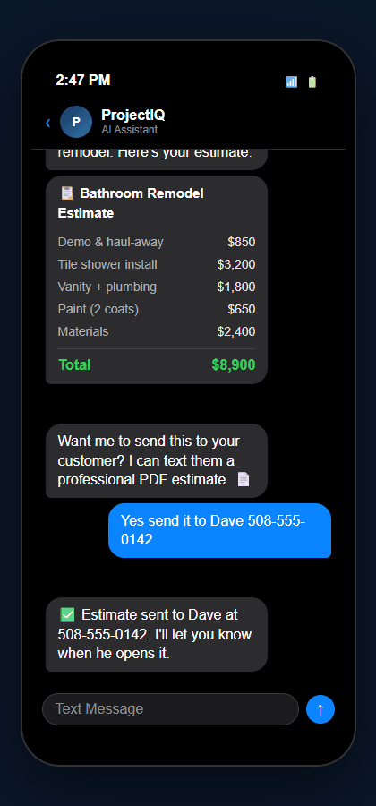 ProjectIQ SMS conversation showing a bathroom remodel estimate with line items and total