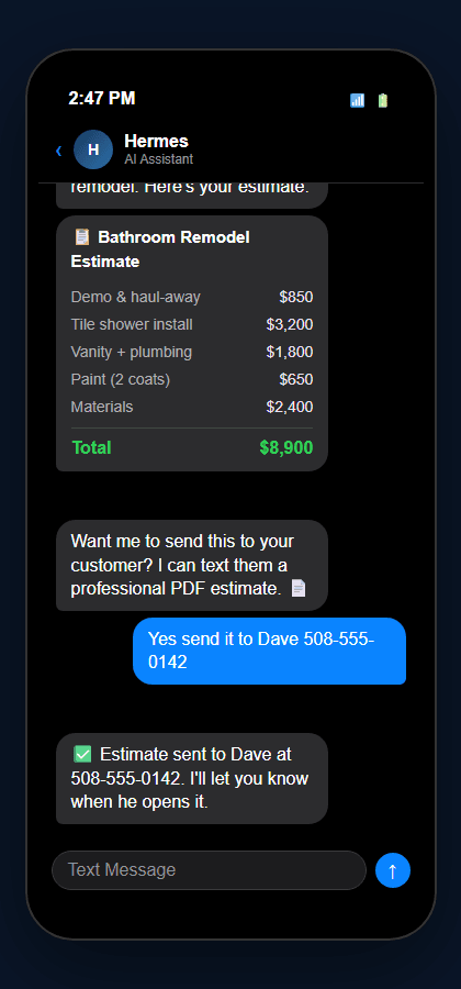 Hermes SMS conversation showing a bathroom remodel estimate with line items and total